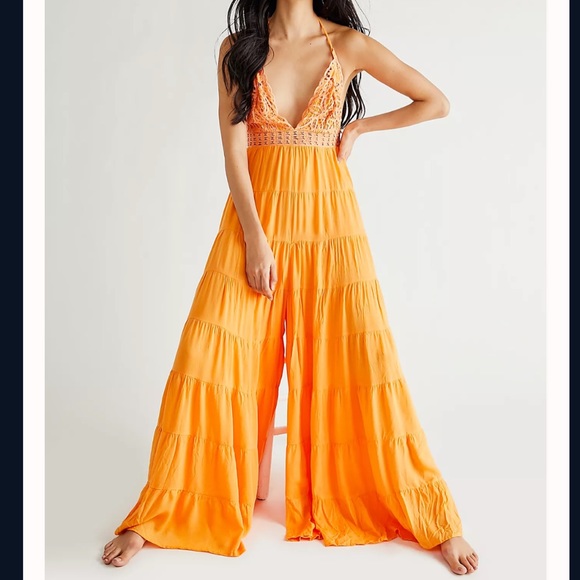 FREE PEOPLE Harmony Embroidered Cutwork Halter Jumpsuit In Palm Springs